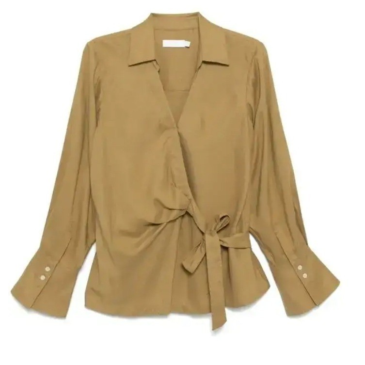 Jonathan Simkhai Beige Tencel Linen Front Tie Long Sleeve Blouse Top SM