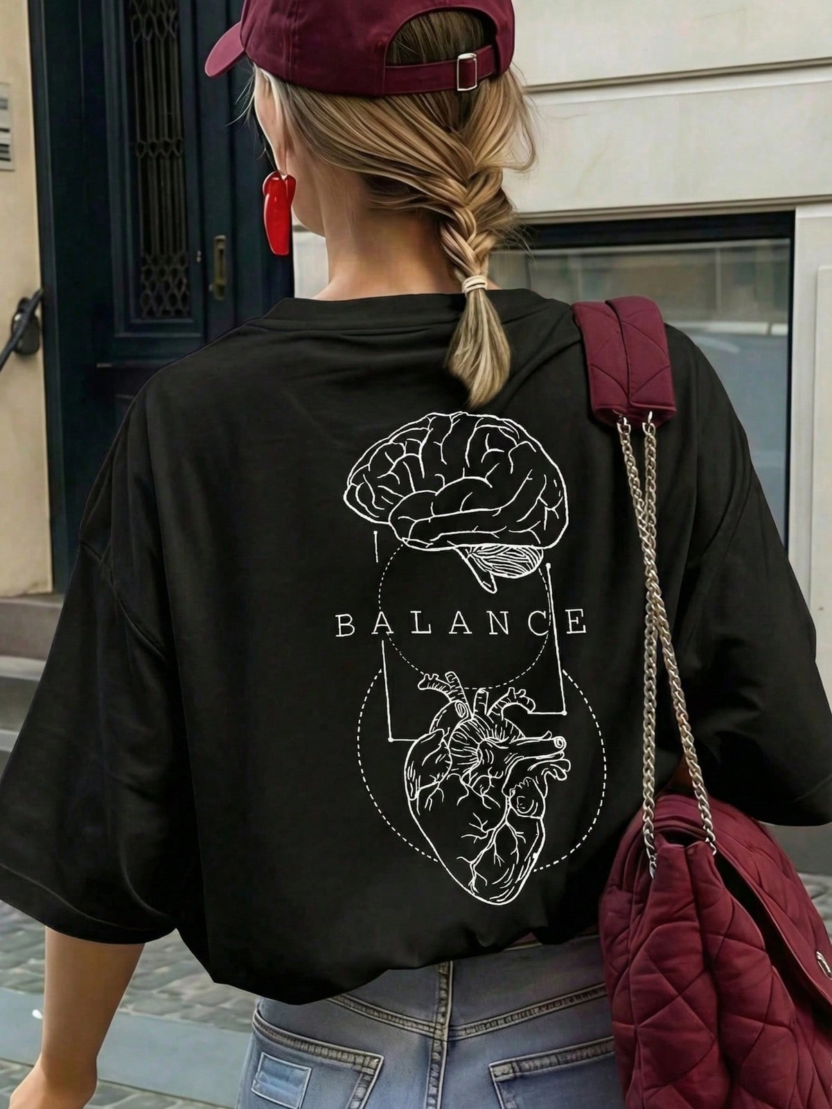 Brain And Heart Anatomy Print, Loose Oversized Fit,Round Neck Short Sleeve Top