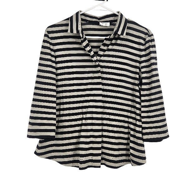 Akris Punto Button Down Shirt Gray Black Cotton Striped Peplum 3/4 Sleeve Size 6