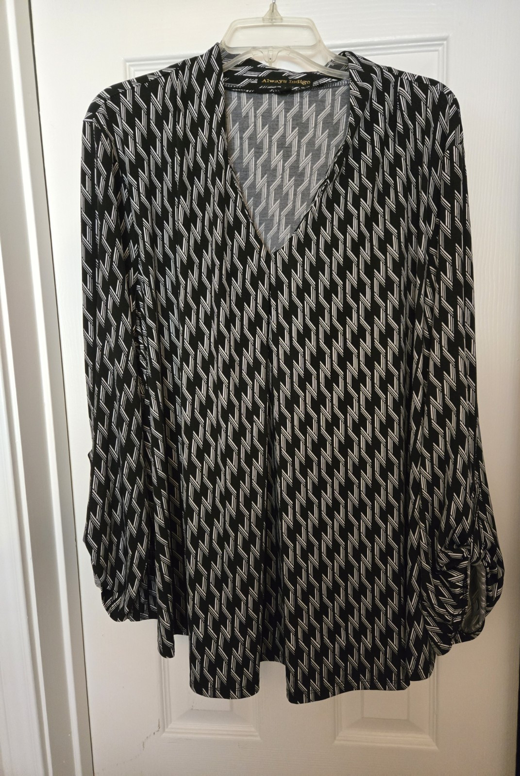 Always Indigo Black White Geo Print Tab Sleeved Top Sz 3x FREE SHIPPING