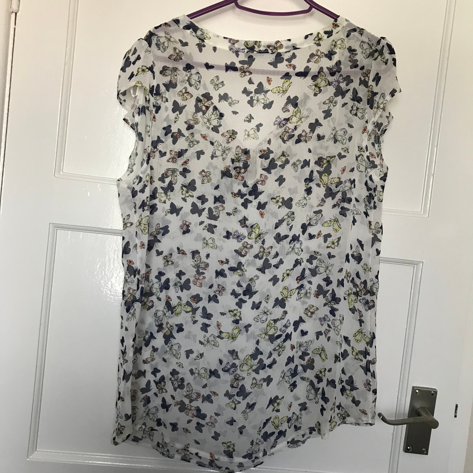 Atmosphere White Butterfly Sheer Blouse Size 12 Chiffon Short Cap Sleeve V Neck