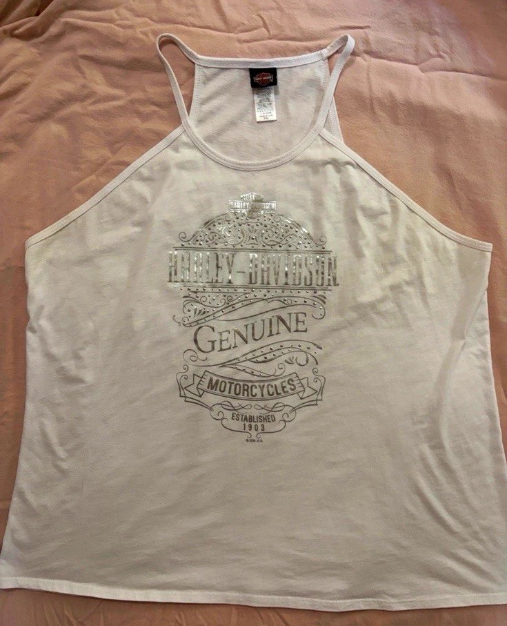 Harley Davidson White Halter Tank Top with Silver Graphics 3XL