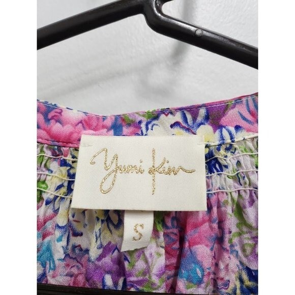 Yumi Kim Womens Silk Blouse Top Small Purple Floral Popover Long Sleeve Cottage