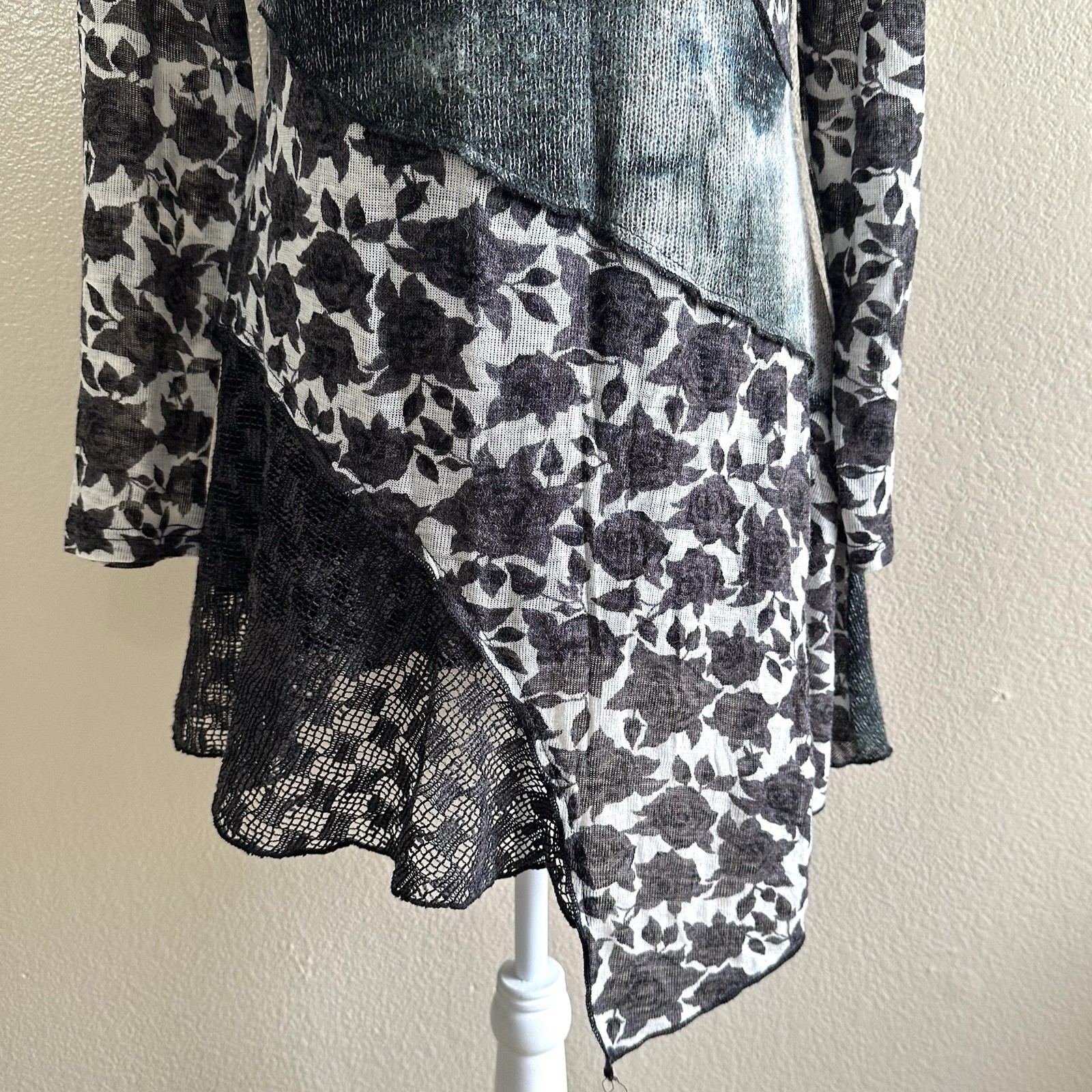 Paris Hues Vtg Artsty Tunic Sheer Patches Gothic Long-sleeve Black Top Womens M