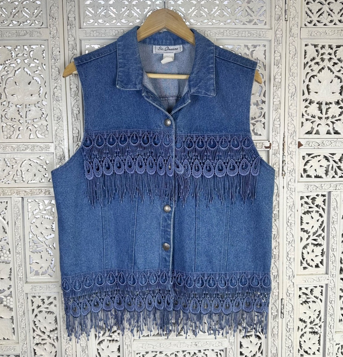 Vtg Denim Lace Fringe Western Boho Button Up Sleeveless Vest Sz XL