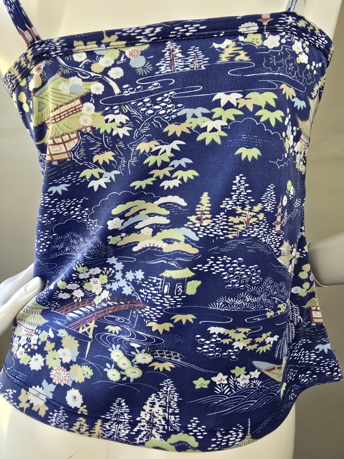 90’s Rusty Brand Asian Print Cami Tank Top Stretch Poly Medium Blue Floral