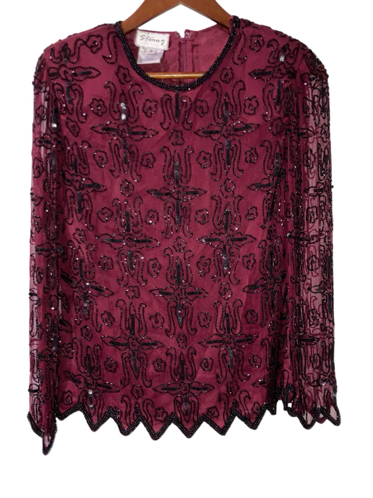 Vintage Stenay Oxblood Burgundy Maroon Black Sequin SILK Blouse Beaded Small NWT