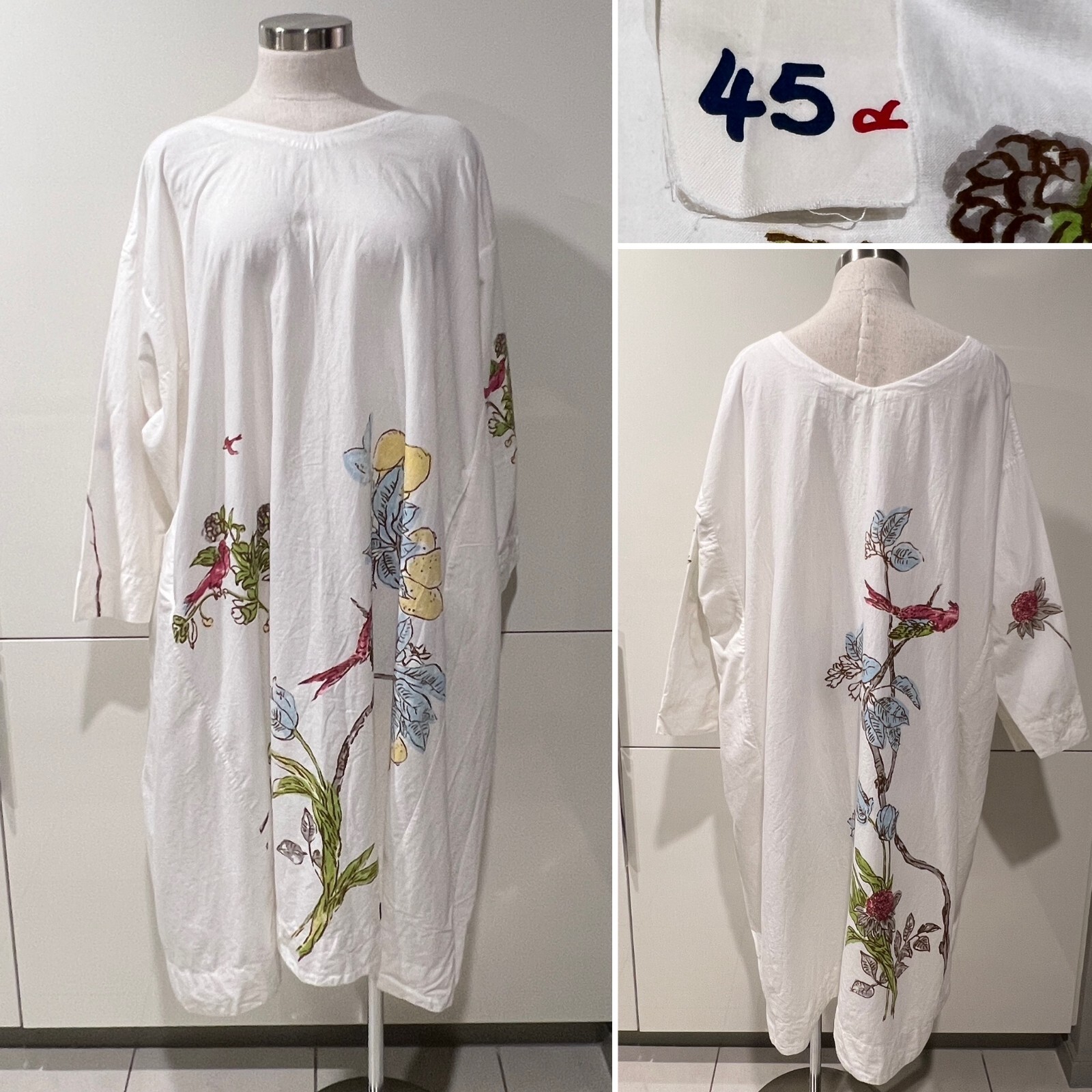 45 R JAPAN Handmade Pale Brown Yarn Dye Cotton Top, Navy Broderie Anglais 4/L