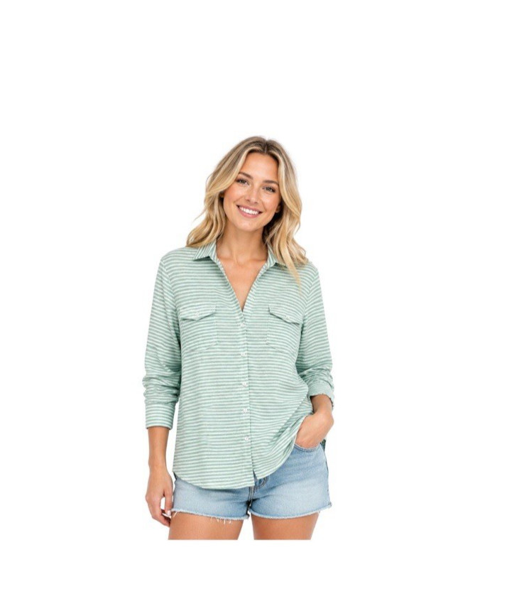 J. McLaughlin Brynn Linen Knit Top Blue Striped Button Shirt Size M 3/4 Sleeve