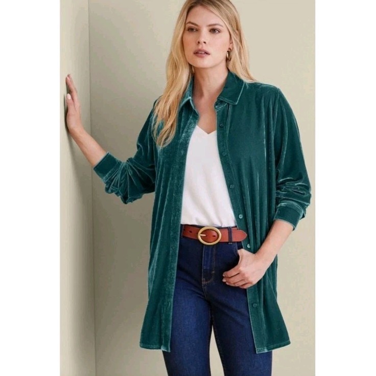 SOFT SURROUNDINGS Womens Small Green Velvet Boyfriend Tunic Shirt Button Up Top