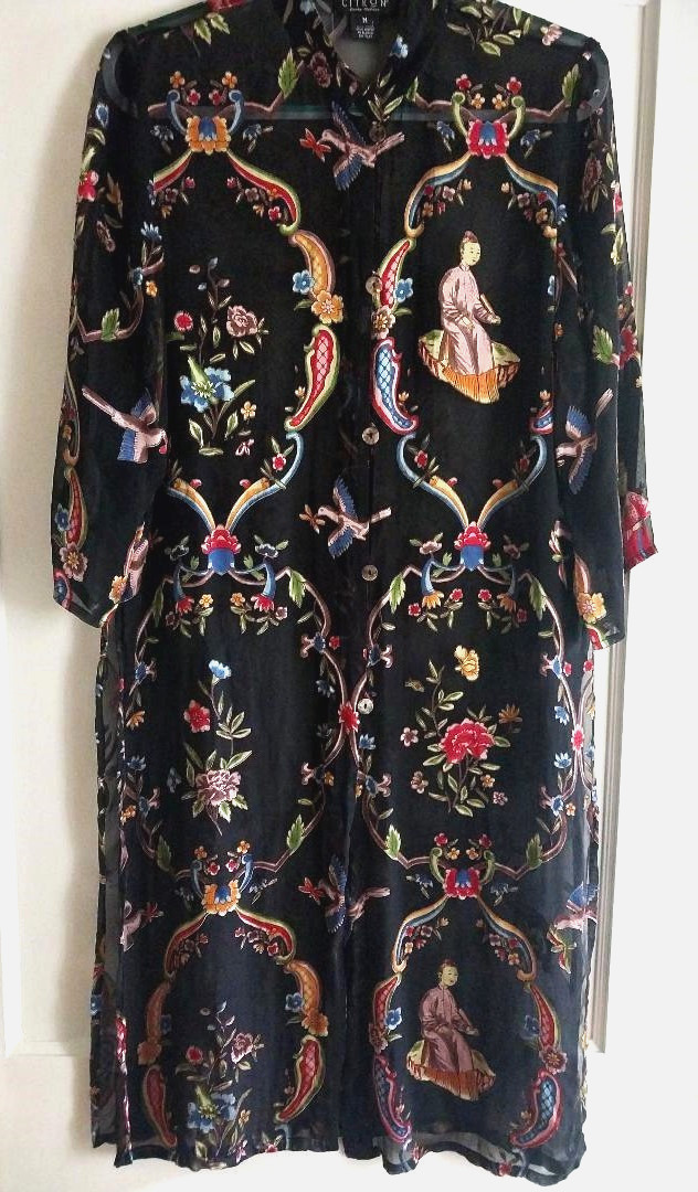 Vintage Citron Santa Monica Silk Black Multicolor Asian Motif Kimono Duster M