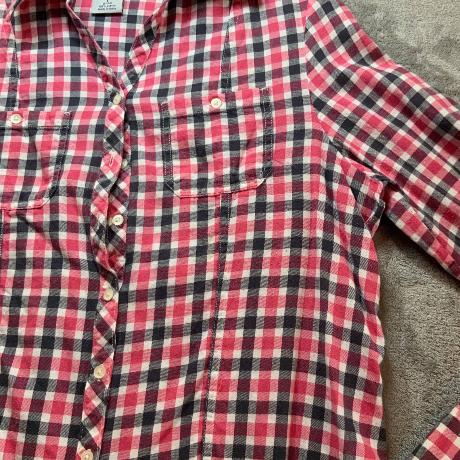 Carhartt Womens Pink Navy Blue Gingham Plaid Button Down Shirt Large L 12/14