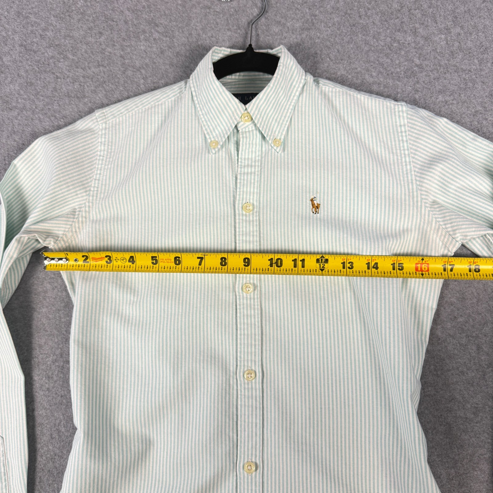 Vintage Ralph Lauren Oxford Shirt Womens 0 Green Stripe Slim Fit Hong Kong 80s