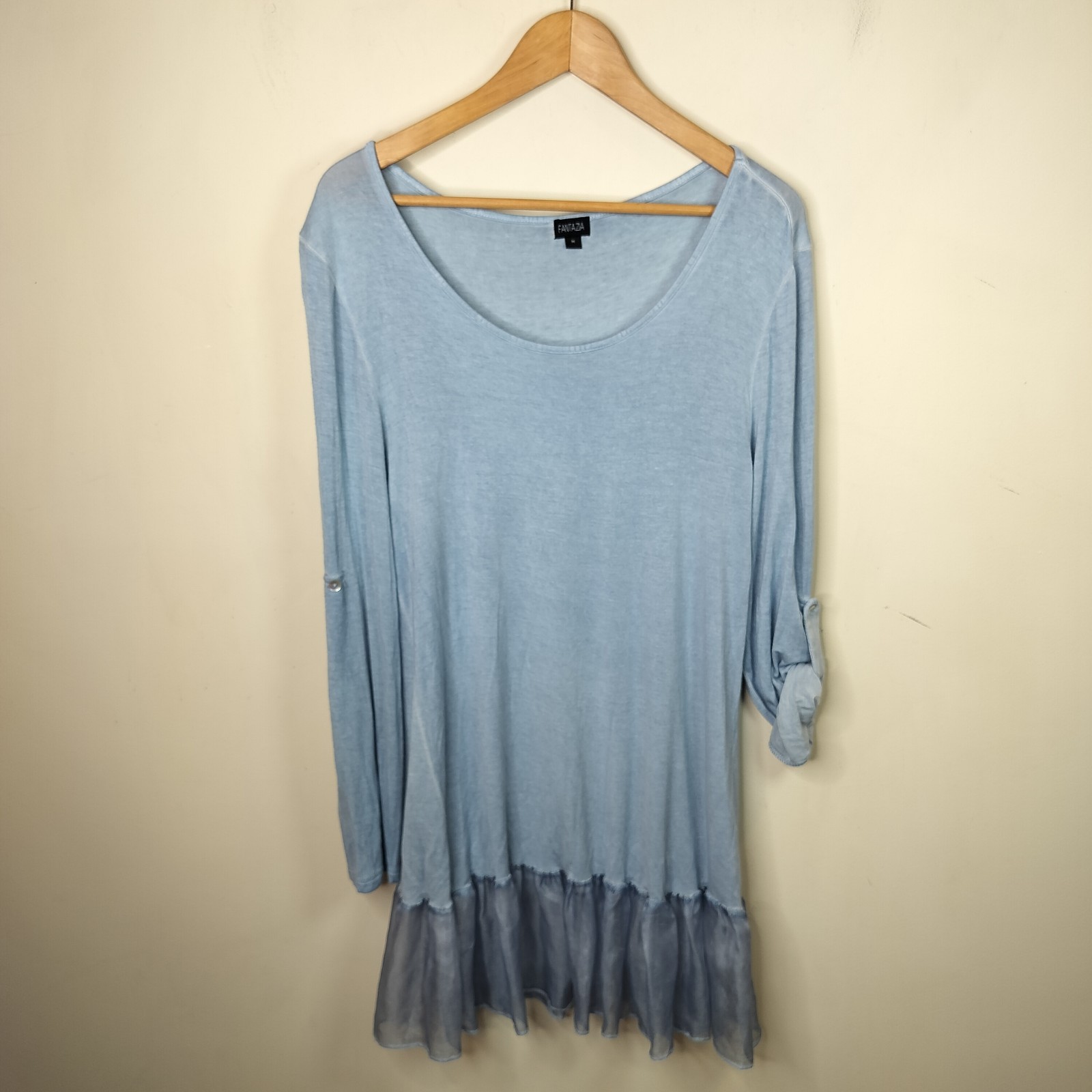 Fantazia Women’s Tunic Top M Medium Blue Stretch Knit + Chiffon Ruffle Hem