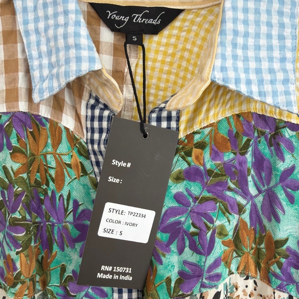 NWT Young Threads Patchwork Button Up Shirt Womens S Batwing Bishop Sleeve