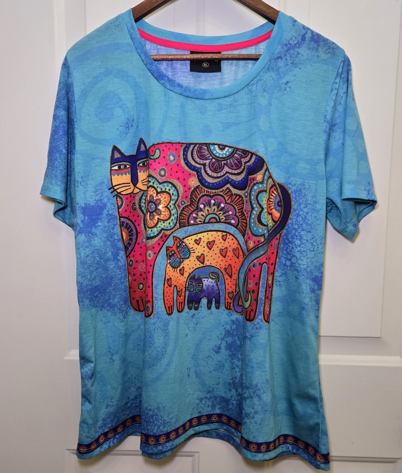 Laurel Burch Cat T Shirt Women’s Sz XL Sky Blue Feline Family Floral Art To Wear