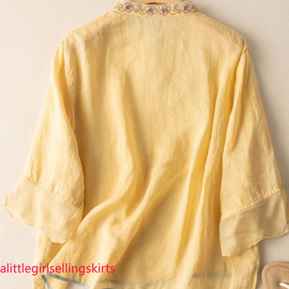Women Embroidered Floral Top Chinese Ethnic Shirt Blouse Casual Loose Thin Chic