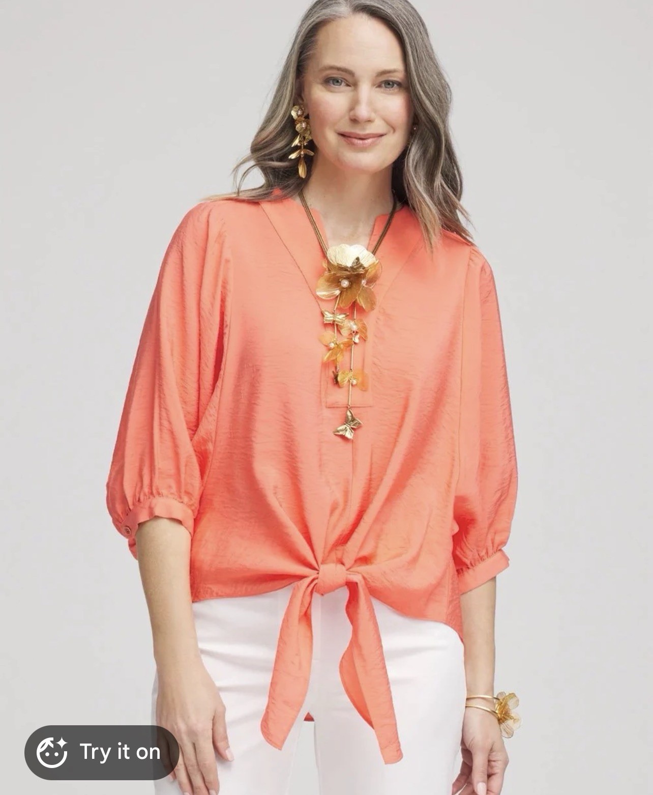 Chicos Tie-Front Coral Blouse 3/4 Sleeve Size 4