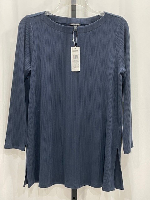 NWT! $168 Eileen Fisher L Long Slv Tunic Top ‘Ocean’ Blue Stretchy Machine Wash