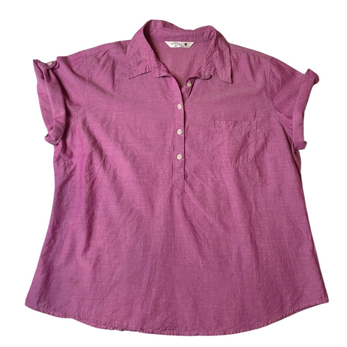 Riders by Lee Cotton Half Button Short Roll Tab Sleeve Purple Collared Top XL