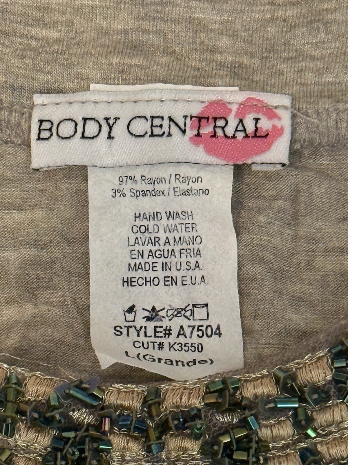 Vintage Body Central Blouse Large Tan Beaded Sequined Neck Tunic Top Y2K Boho