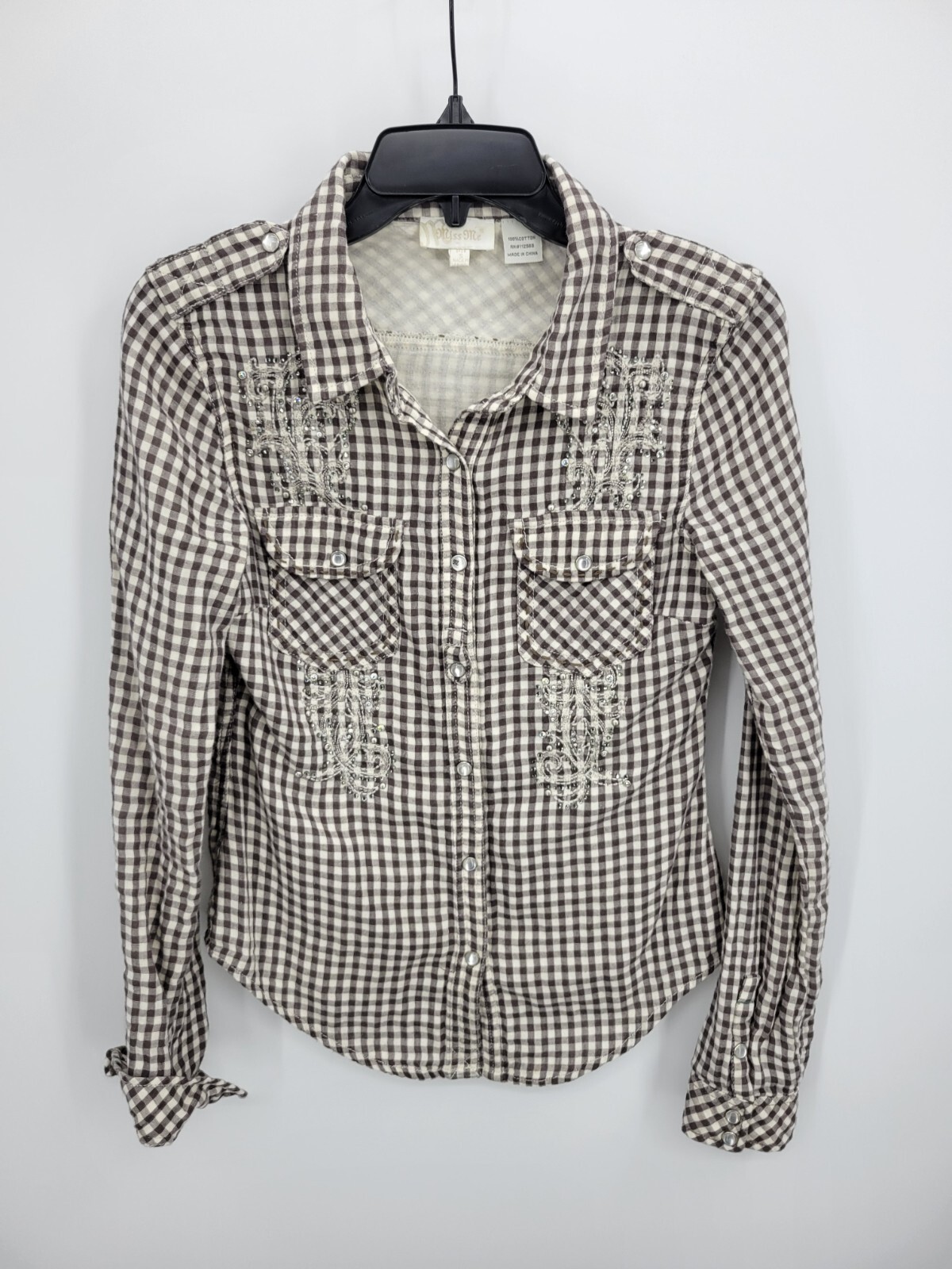 Miss Me Shirt Womens Medium Brown White Plaid Long Sleeve Button Up Boho