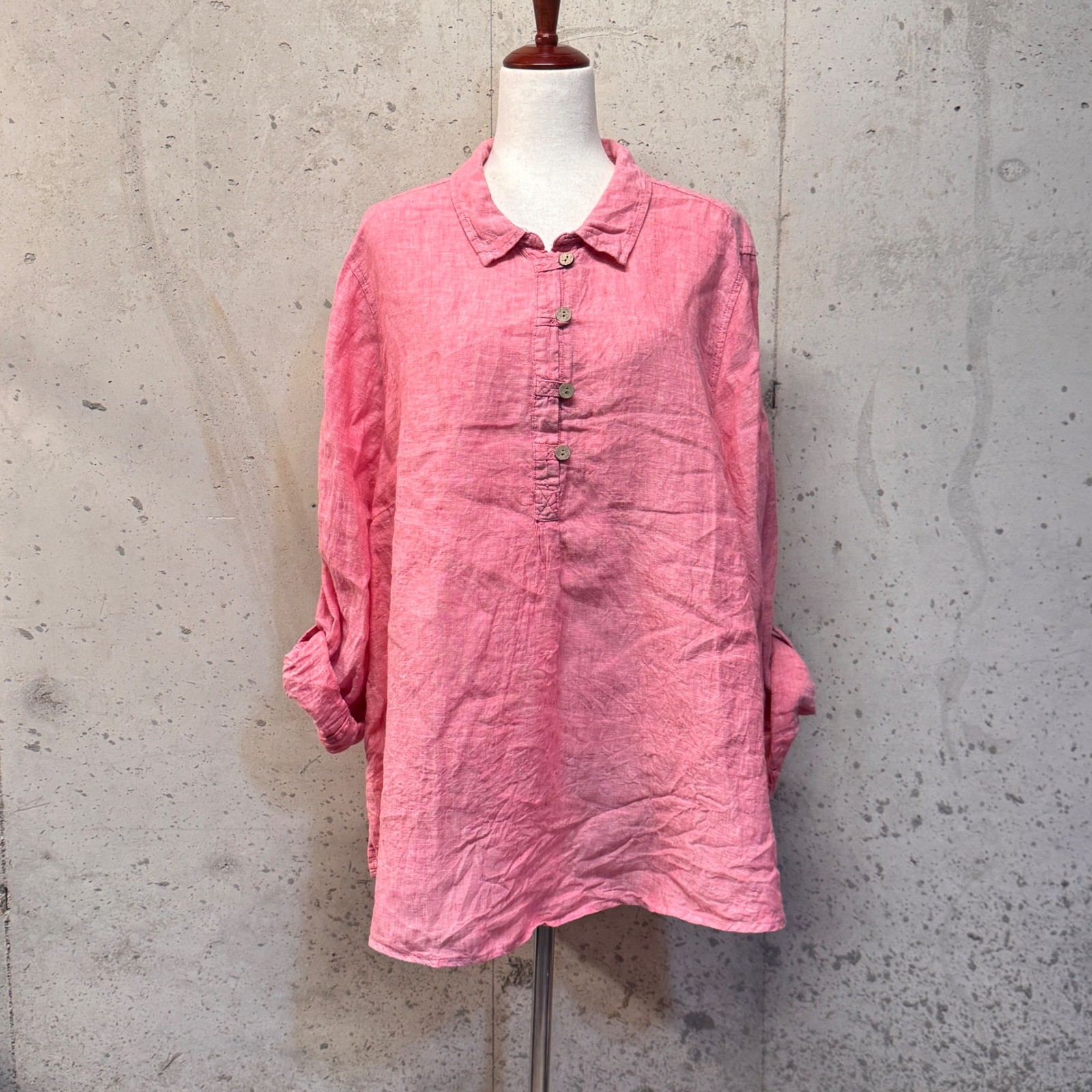 Sigrid Olsen Linen Tunic Women 3X Pink Henley Roll Tab Coastal Boho Lagenlook