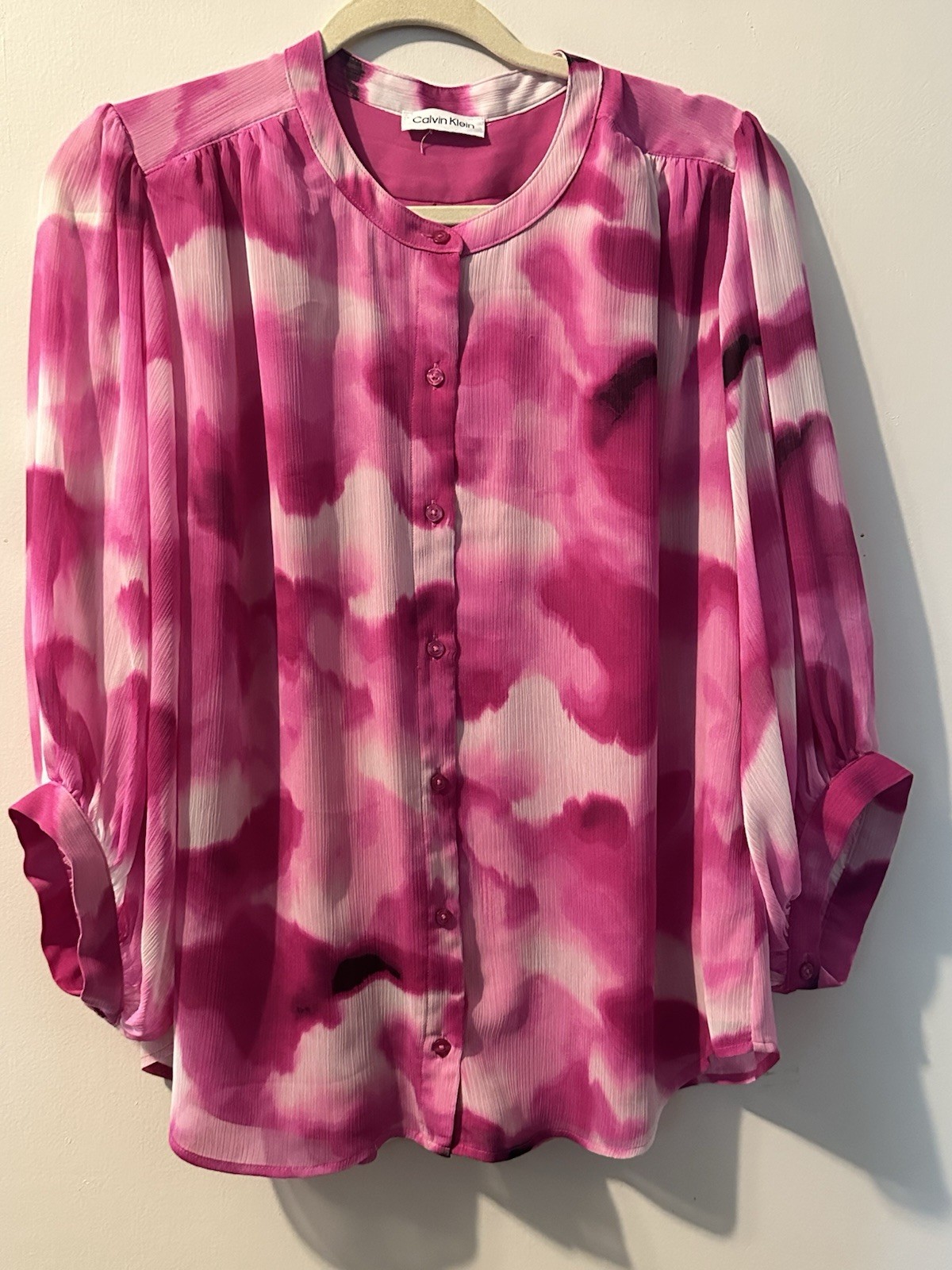 CALVIN KLEIN Women’s Blouse Top Fushsia White Lined Shirt Sz M No Size Tag