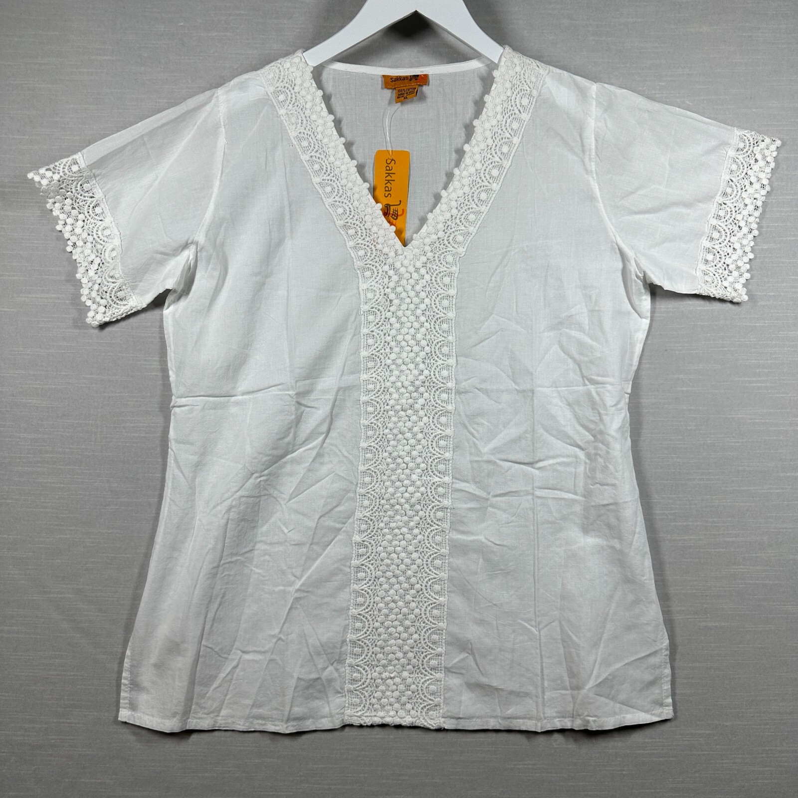 Sakkas Top Womans XL White Casual Boho Lightweight Lace Casual Minimalist Sheer