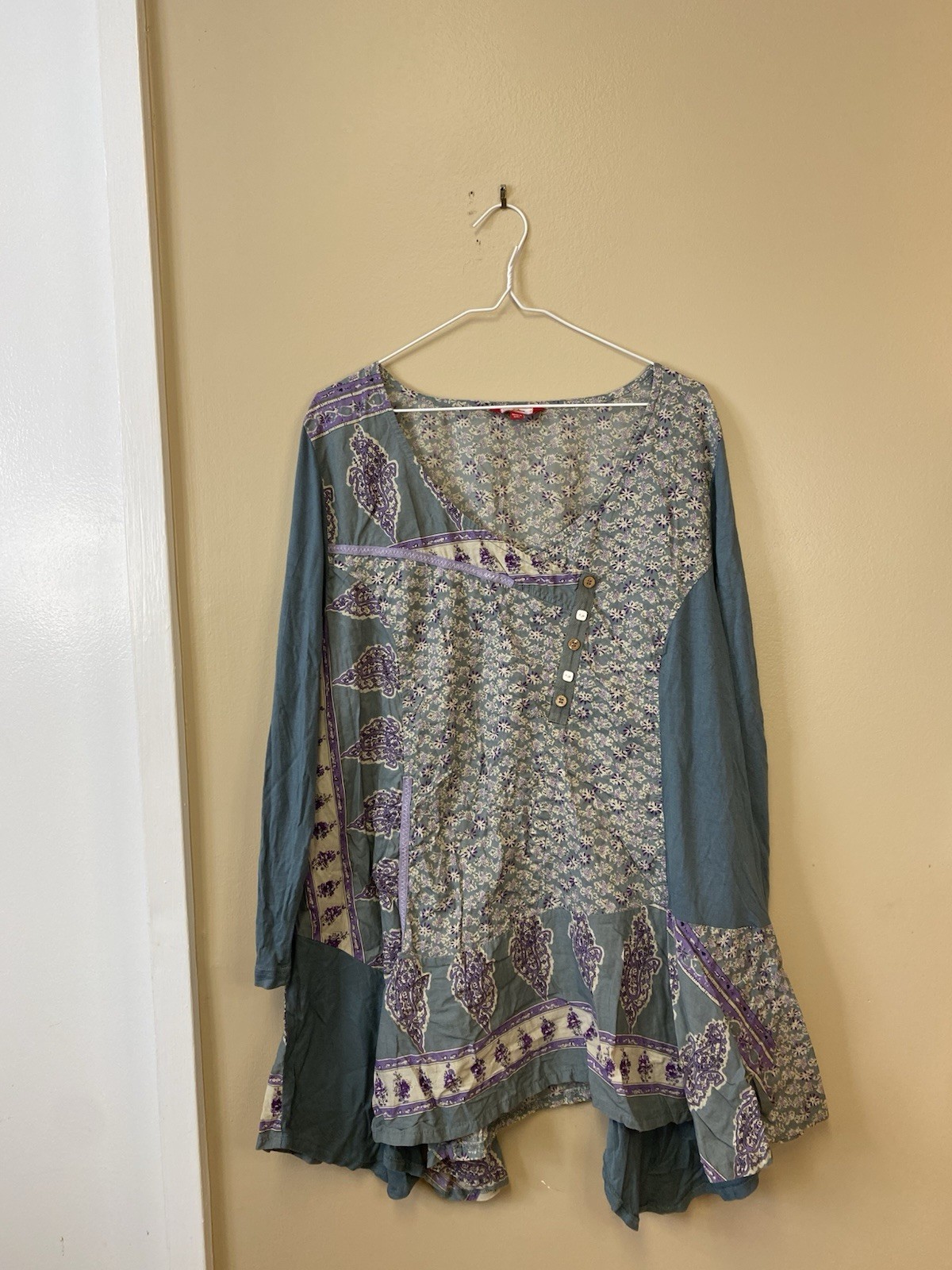 Joe Browns Blue Purple Floral Tunic V-Neck Button Long Sleeve Blouse