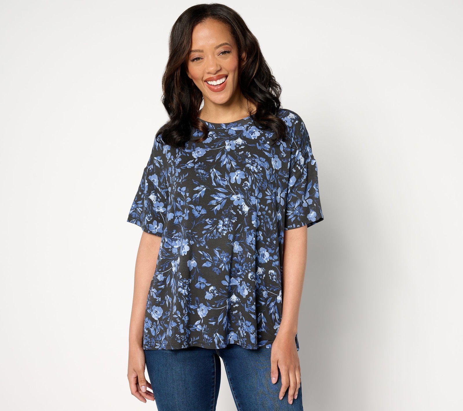 nicole by Nicole Miller Luxe Modal Drop Shoulder Tee Shirt WaterColorFlora XL Ne
