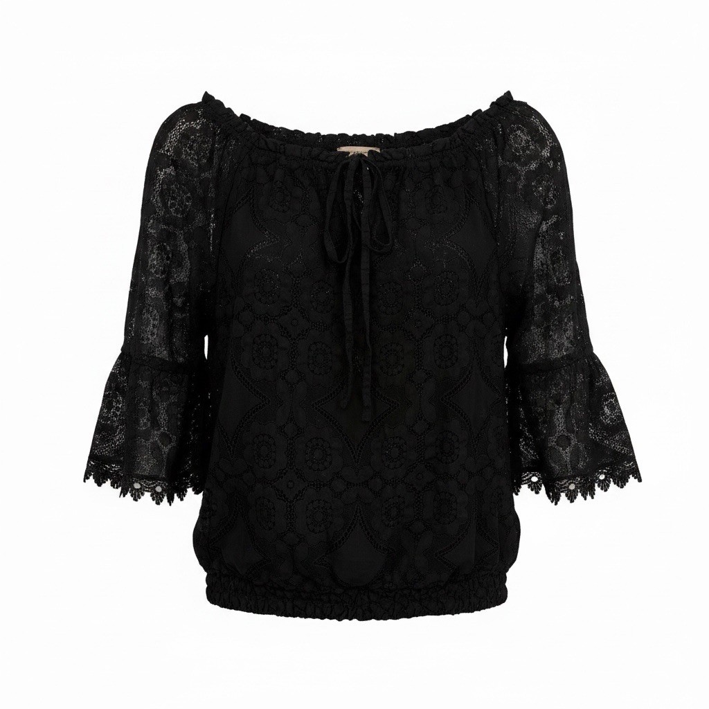 Astrid Black Eyelet Lace Back Button Blouse XS Cottagecore Boho NWOT