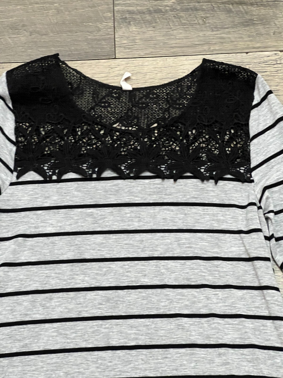 Pink Blush gray and black long sleeve tunic blouse with crochet shoulders size S