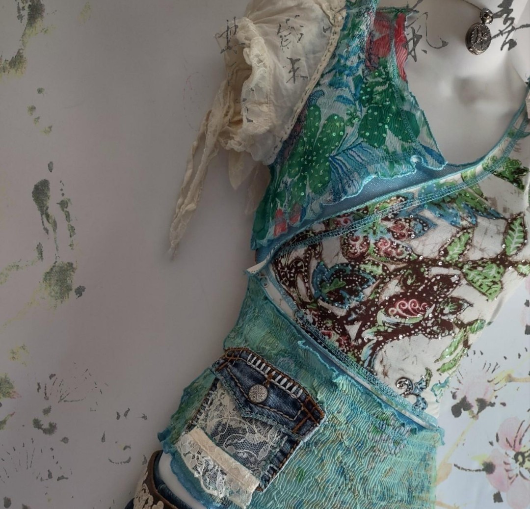 Vtg Upcycled Boho Cottagecore Fairy Sequin Floral Y2K Festival Coquette Top
