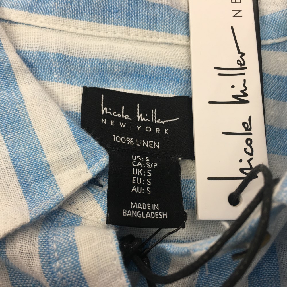Nicole Miller Women 100% Linen Button-up Shirt Size Small Blue White Striped NWT