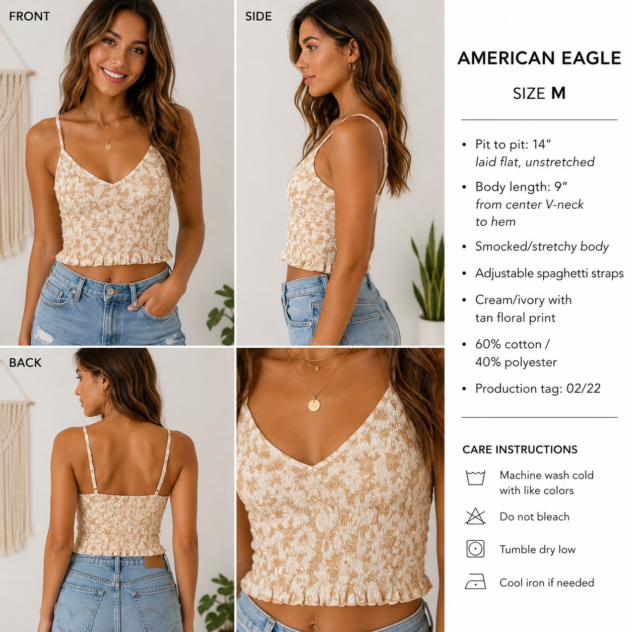 American Eagle Smocked Floral Cami Top M Cream Tan Cropped Stretch Boho Y2K