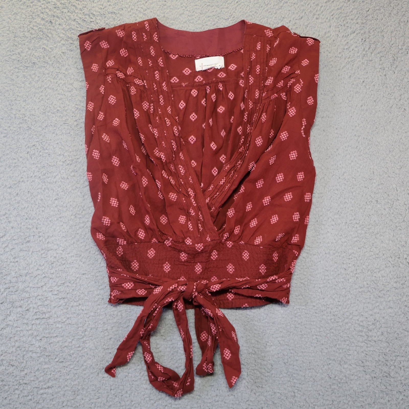 Anthropologie Burgundy Pink Geometric Smocked Waist Tie Side Blouse Mens Medium
