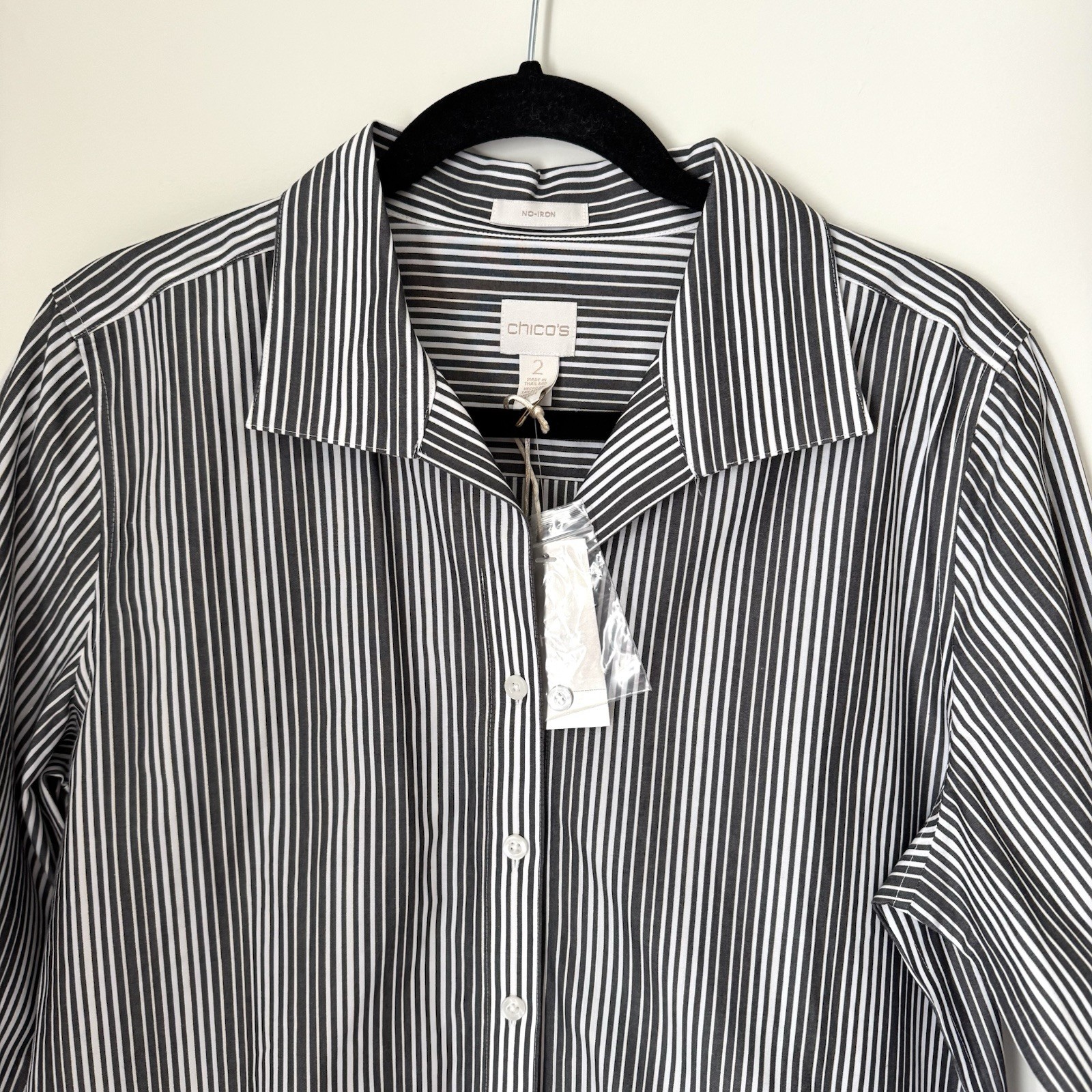 Chico’s No Iron Striped shirt Sz Medium Gray white gold metallic button NWT