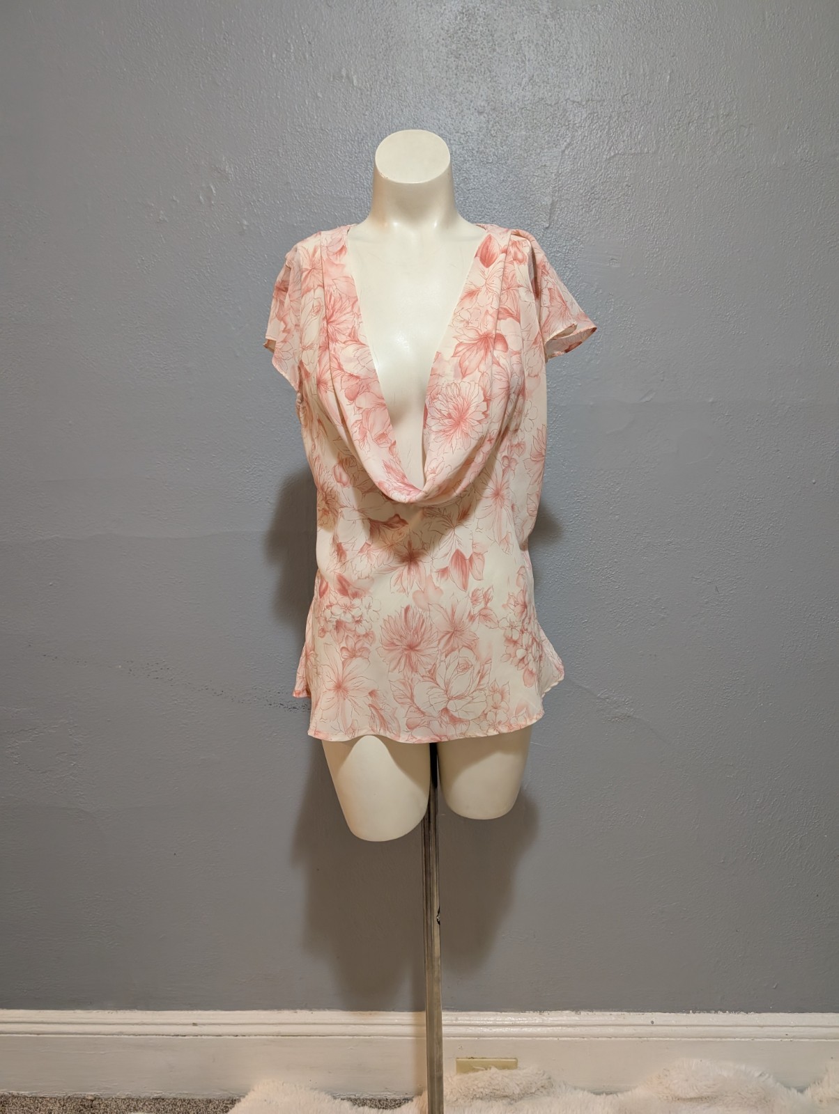 Vintage Cottage Core Top L Flower Print Pink White Deep Scoop Neck Flutter Fairy