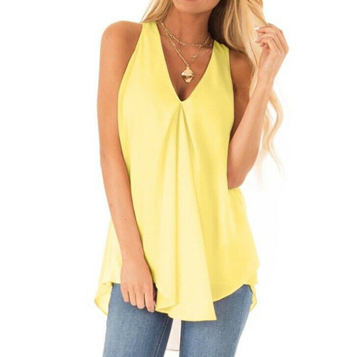 Women Chiffon Casual Loose Sleeveless Blouse V Neck Summer Tunic Tank Tops Shirt