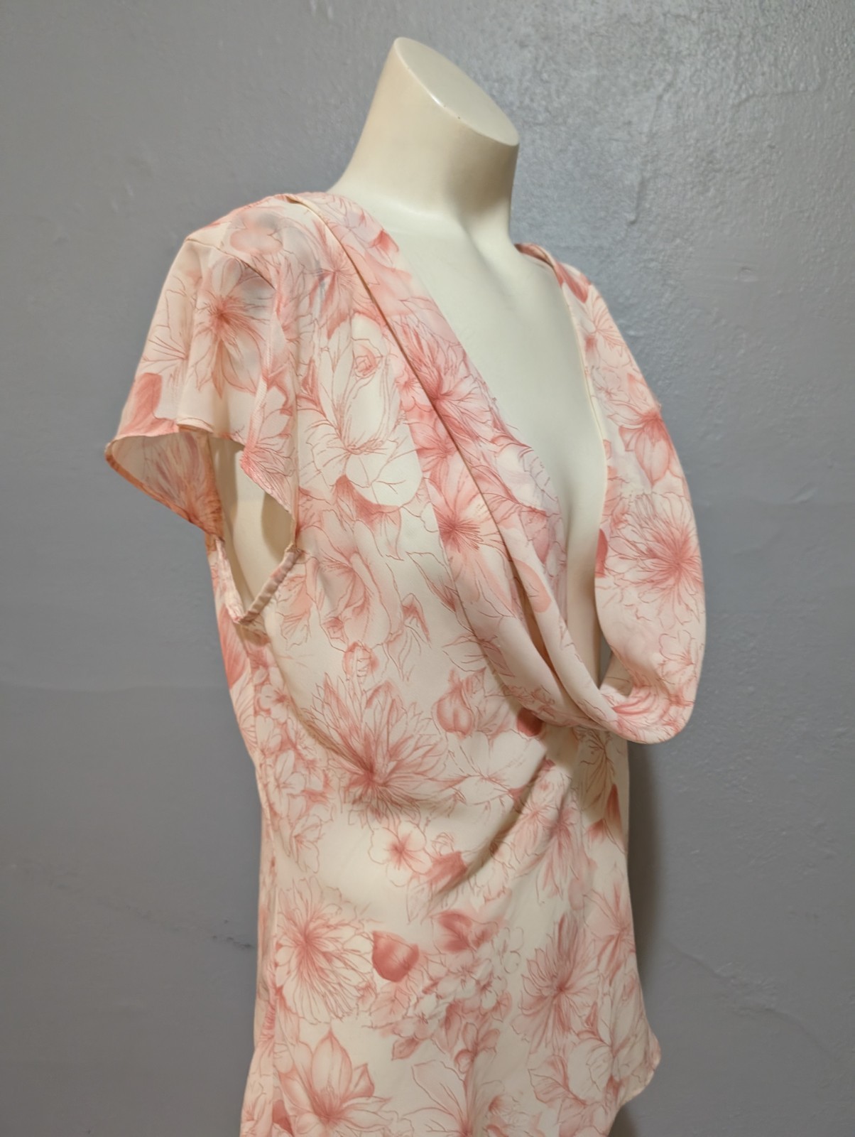 Vintage Cottage Core Top L Flower Print Pink White Deep Scoop Neck Flutter Fairy