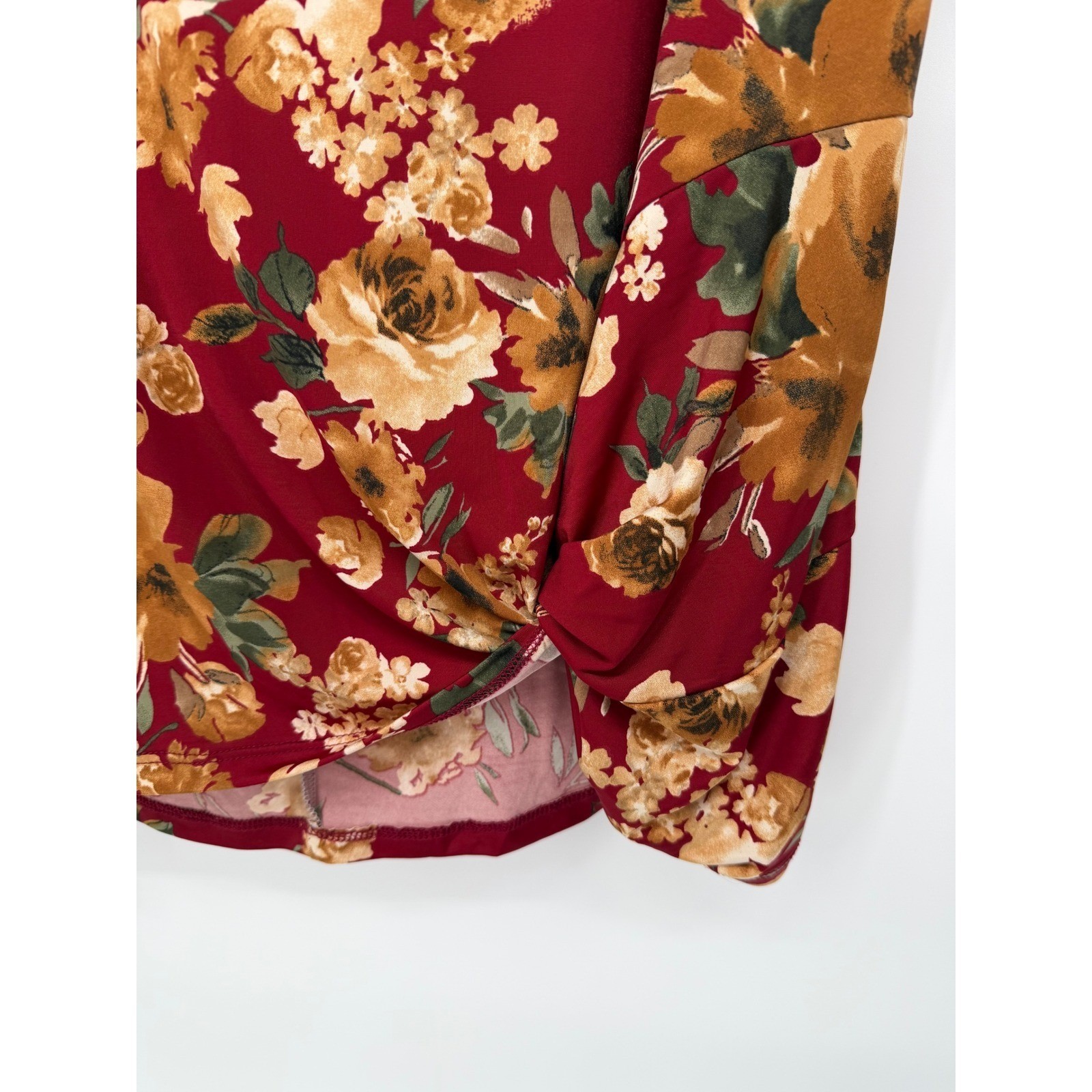 BE STAGE Burgundy Floral Twist Hem V Neck Long Sleeve Tunic Top 3XL