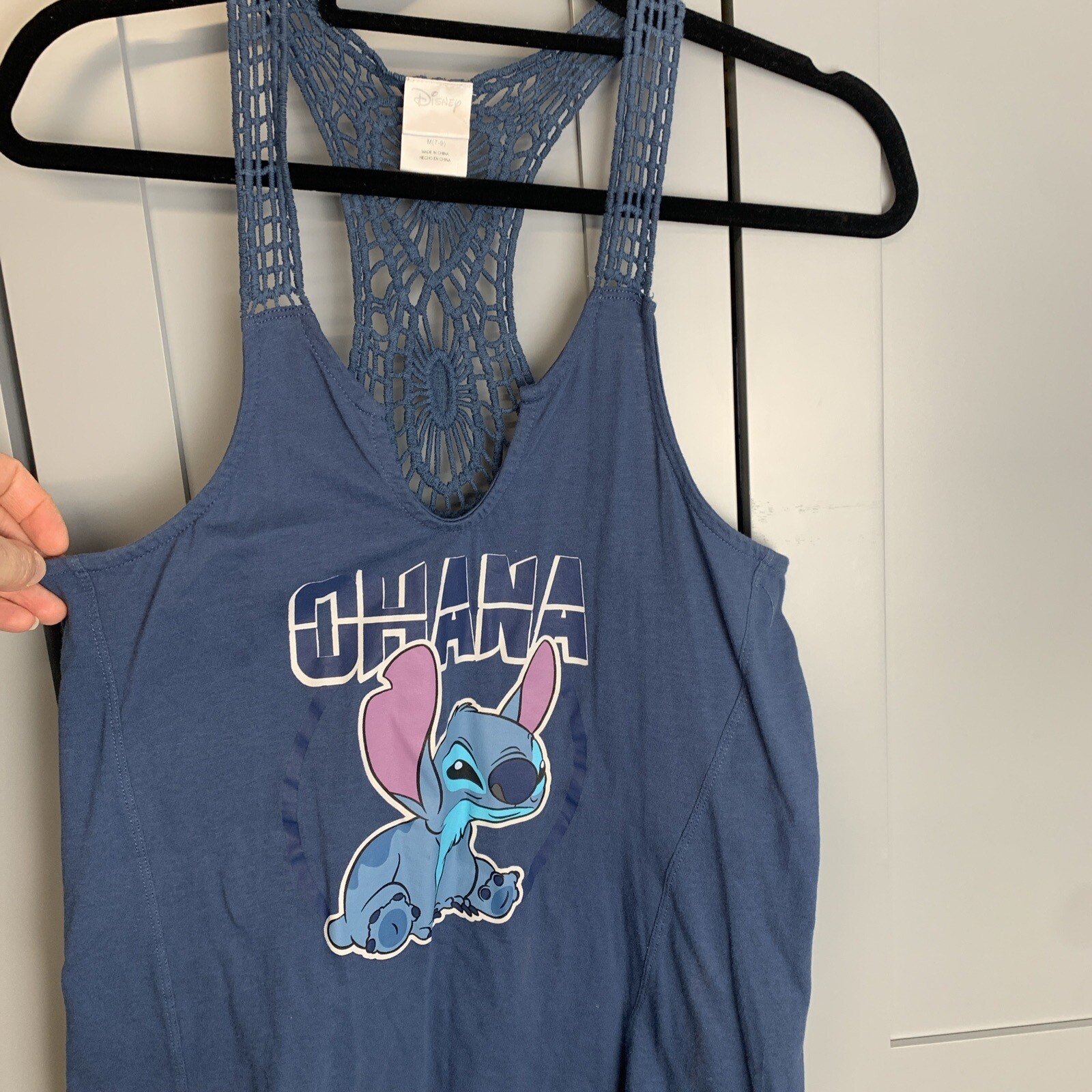Disney Lilo & Stitch Ohana Blue Crochet Lace Racerback Tank Top Womens Medium