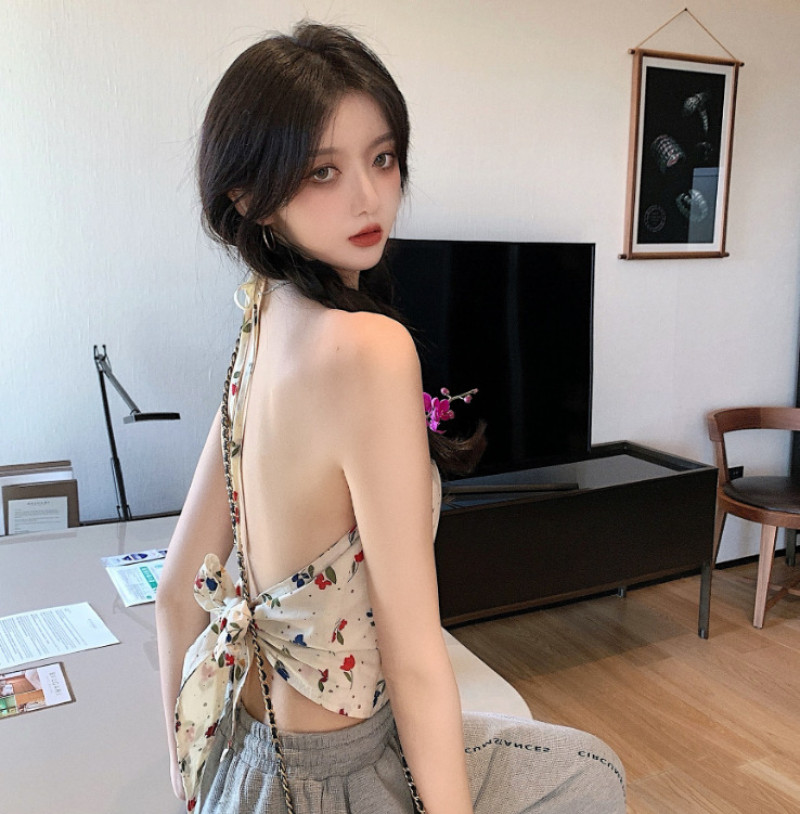 Women’s Tank Top Drawstring Neck Hanging Butterfly Strap Lace Up Tank Top