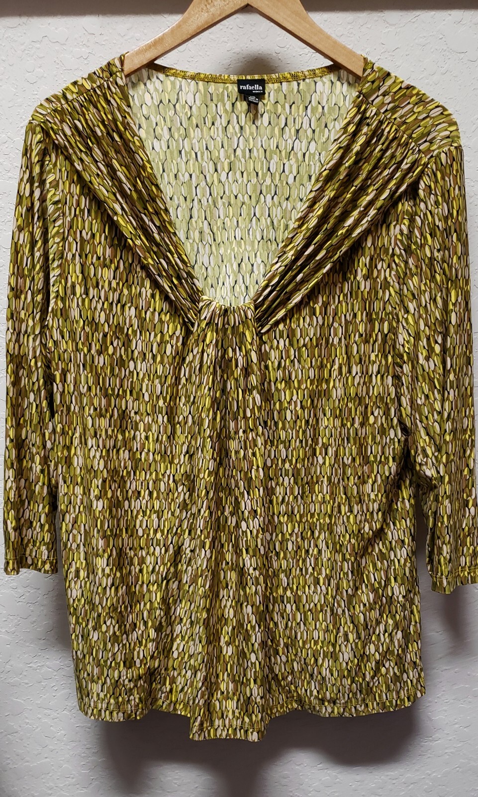 Green & Yellow Print V-Neck Tunic – Stretch – 3/4 Sleeves – 0X/1X