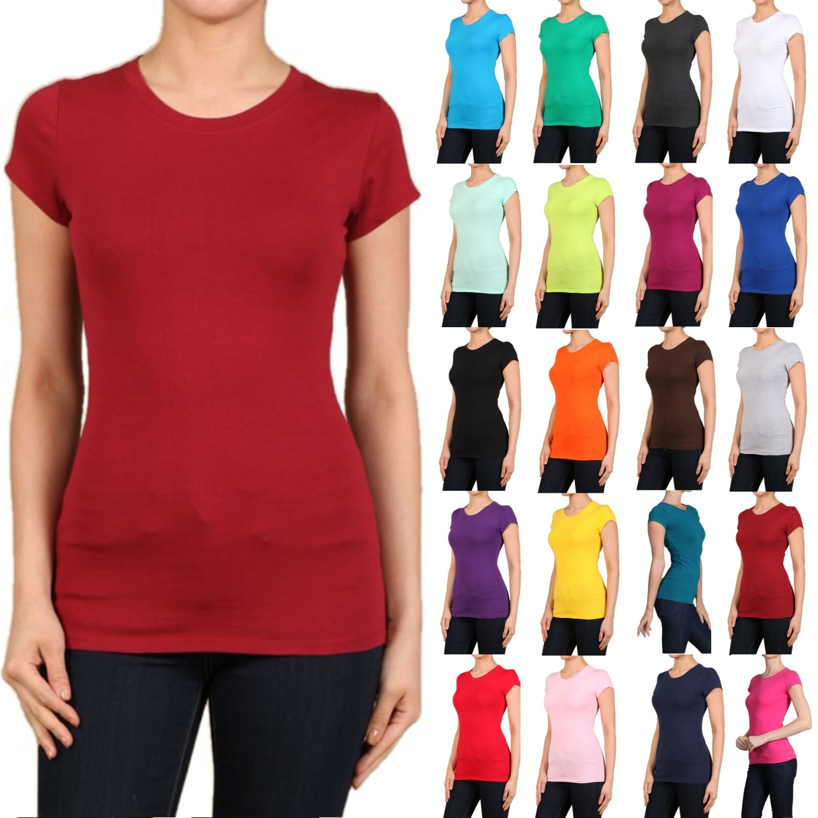 CREW/ROUND NECK Short Sleeve Women/Junior Solid Top Cotton T Shirt S-XL