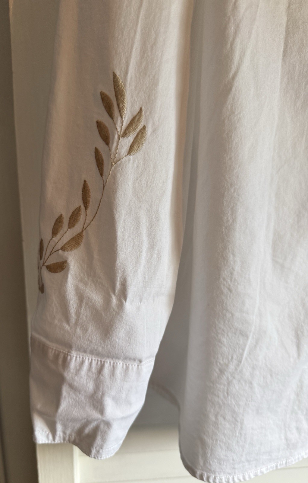 Sigrid Olsen Signature White Button Down Shirt 10 Tan Embroidery Western Boho
