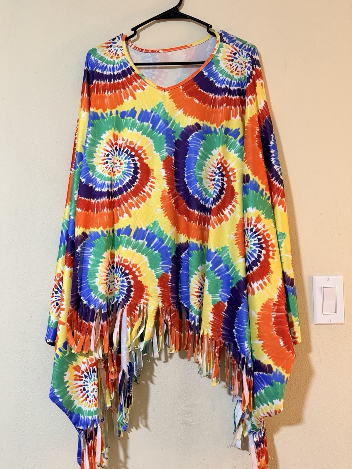 Women’s Multicolor Tie-Dye Fringe Poncho One Size Oversized Kimono Sleeve