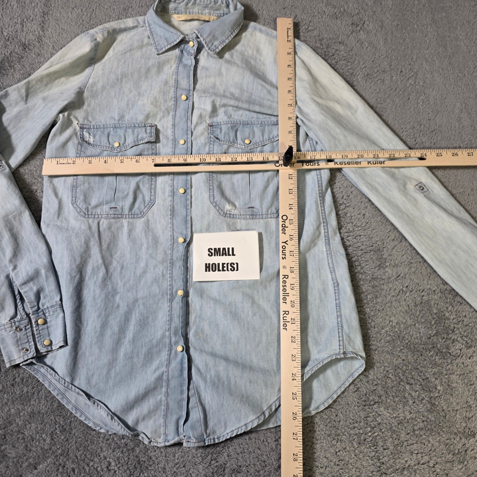 Zara Womens S Denim Shirt Light Wash Blue Western Snap Button Roll Tab 1532