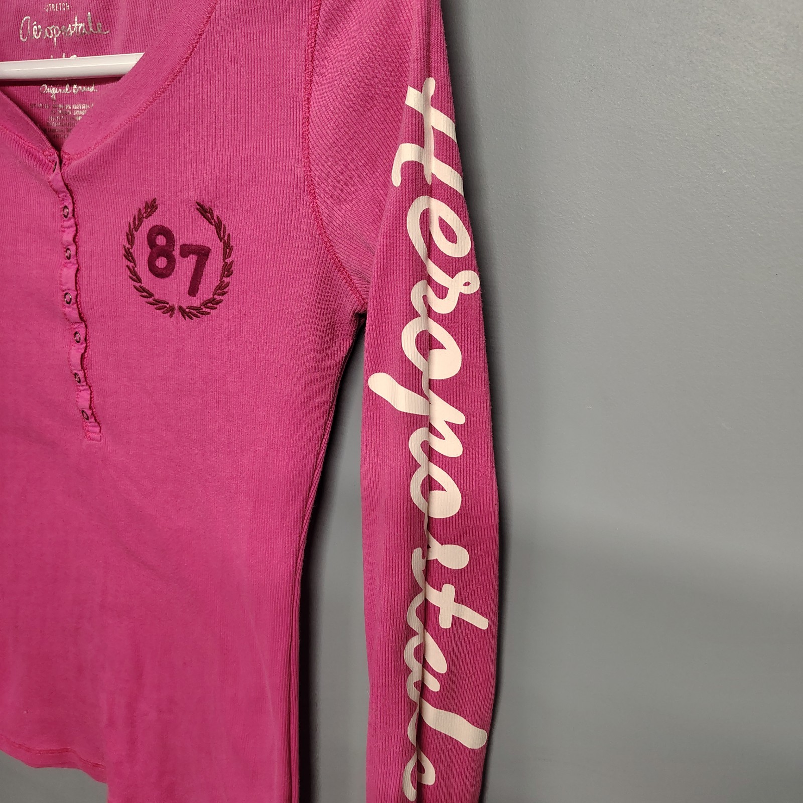 Y2K Aeropostale Pink Ribbed Logo Spell Out Long Sleeve Preppy Henley 1/4 Snap L